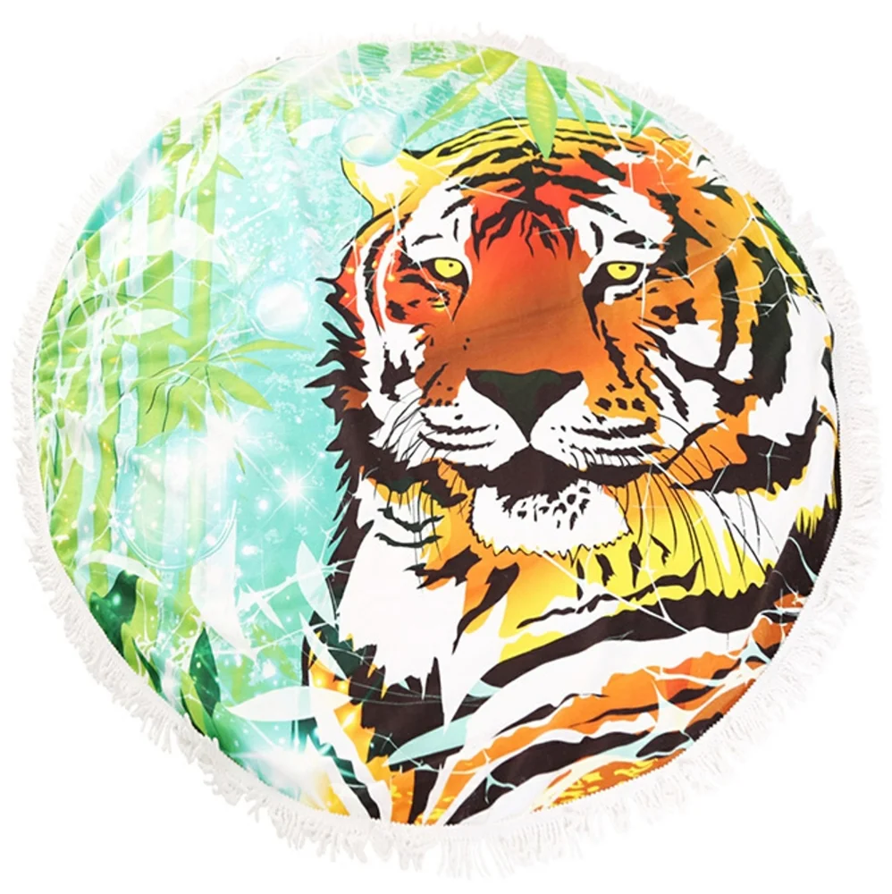 Round Shaped Tiger Summer Beach Towel w Tassel Trim
